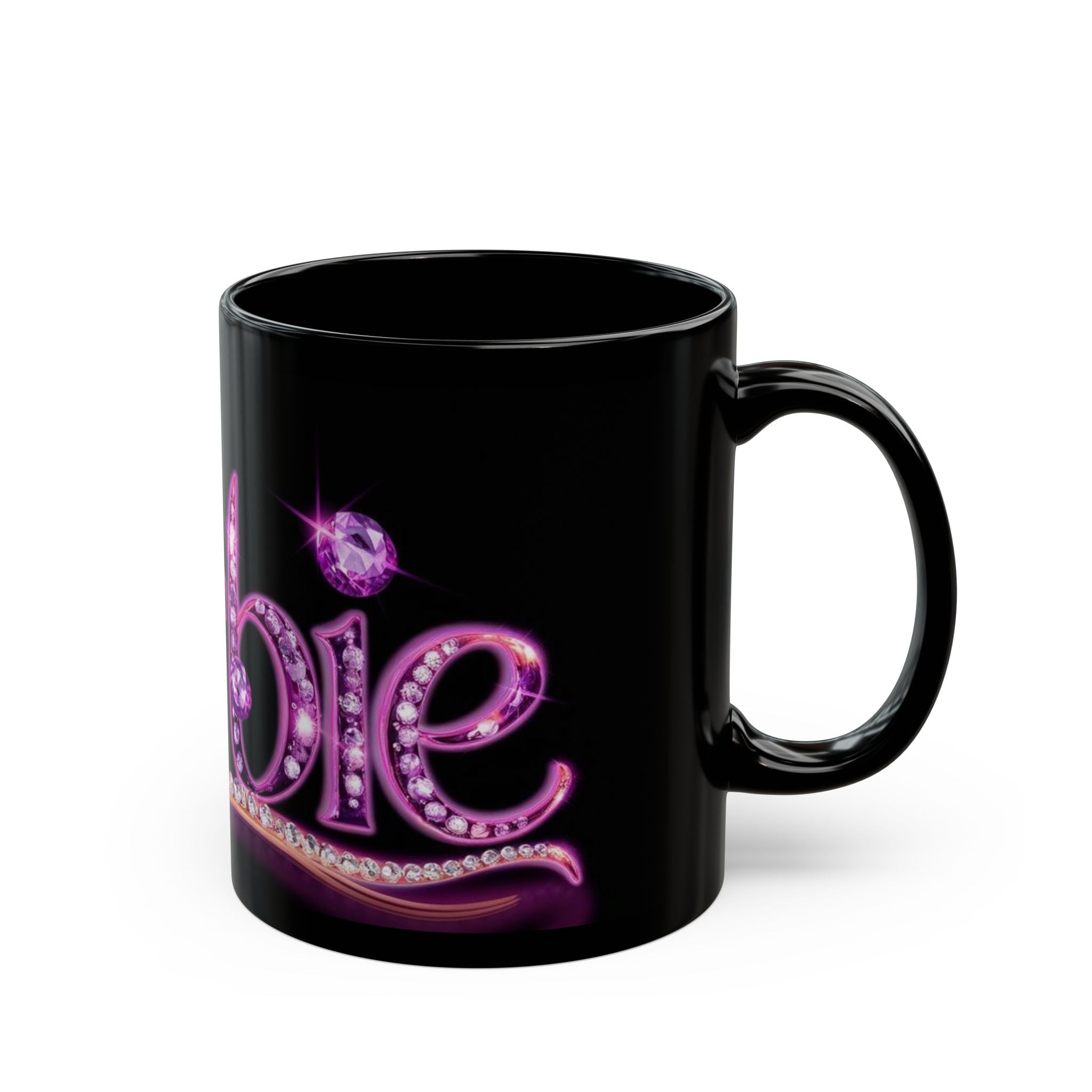 Barbie Glam Black Coffee Mug — Sparkling Pink Logo with Crown (11oz/15oz)