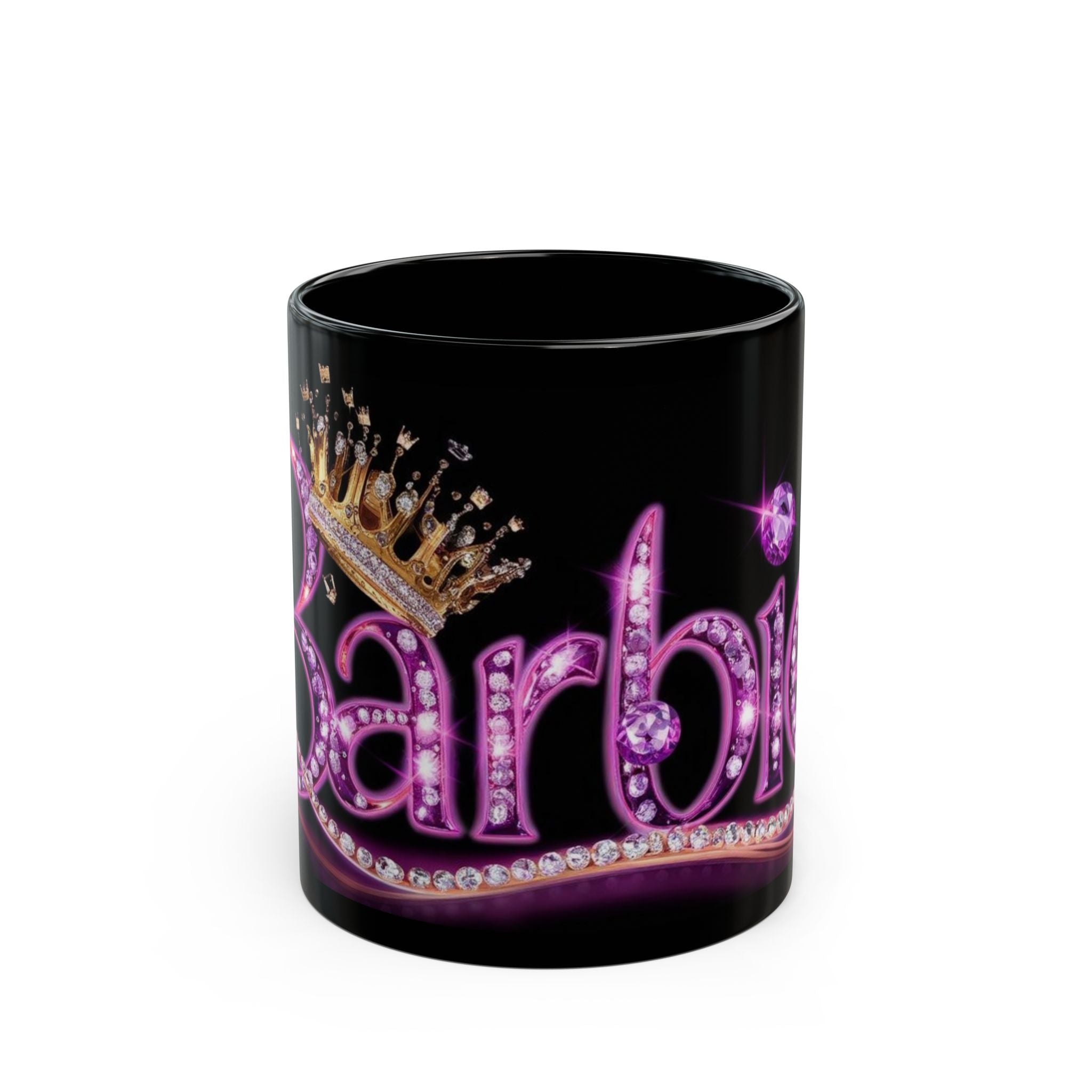 Barbie Glam Black Coffee Mug — Sparkling Pink Logo with Crown (11oz/15oz)