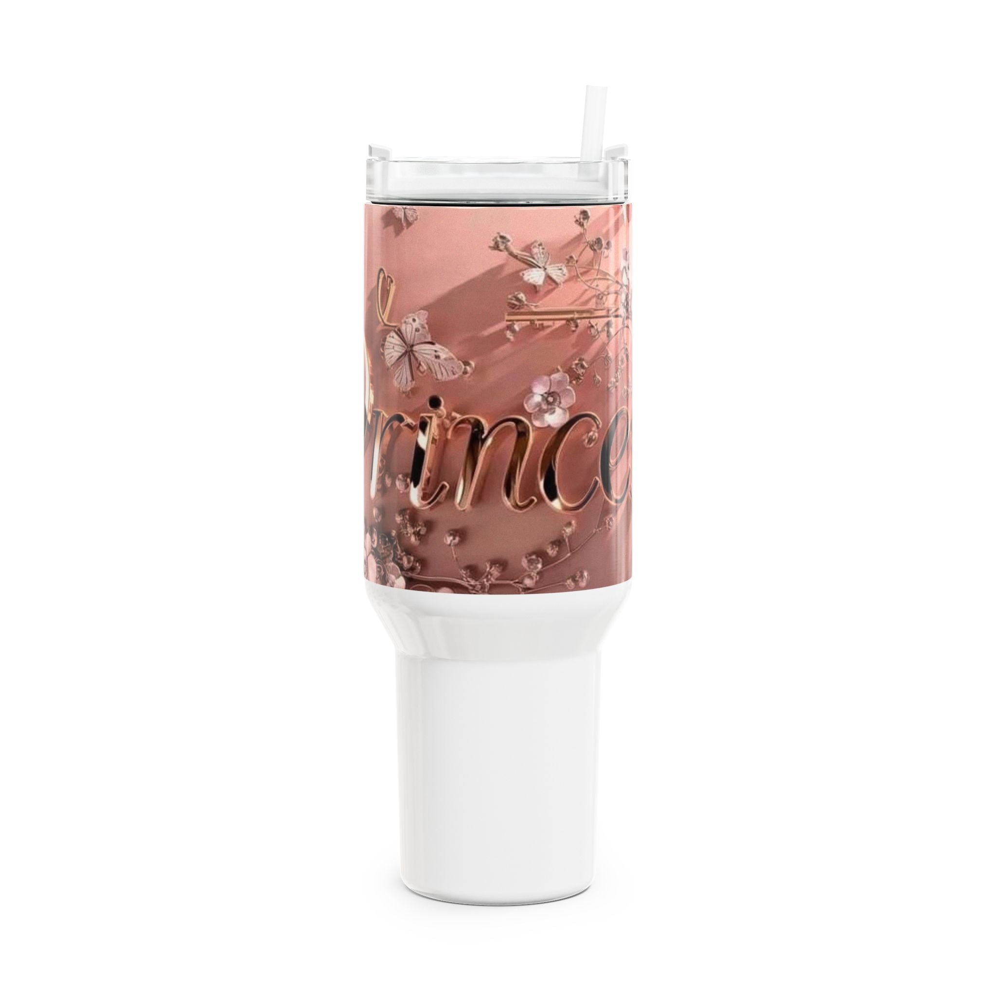 40oz Rose Gold Floral Personalized Tumbler — 'Princess' Script Travel Cup