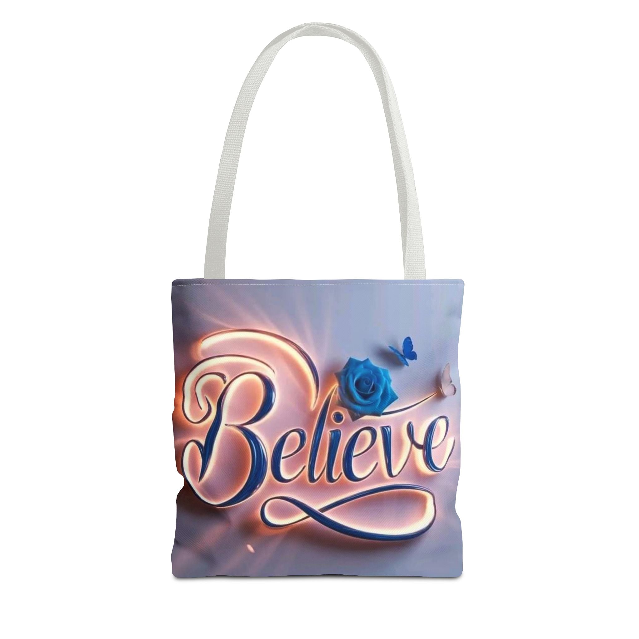 Believe Floral Tote Bag — Inspirational Blue Rose All-Over Print