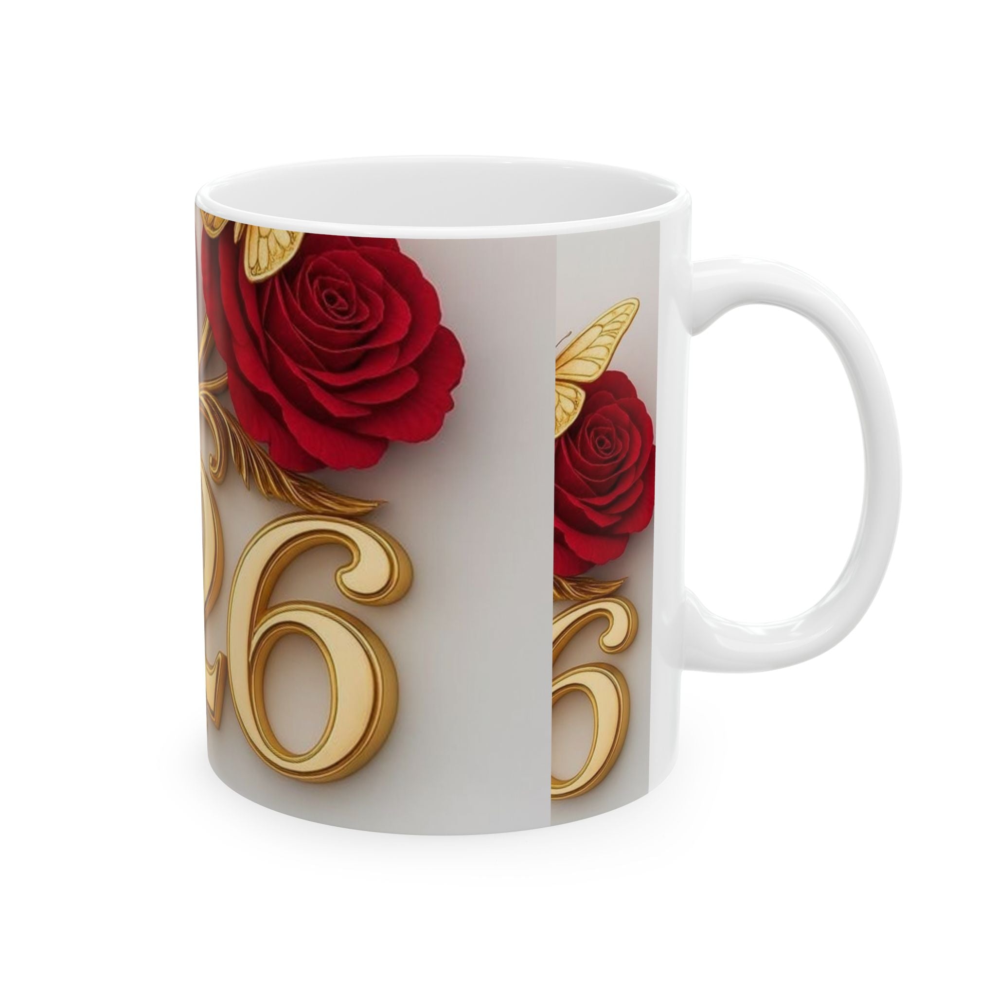 2026 Gold Script Mug — Romantic Rose & Heart Ceramic Coffee Cup (11oz, 15oz)