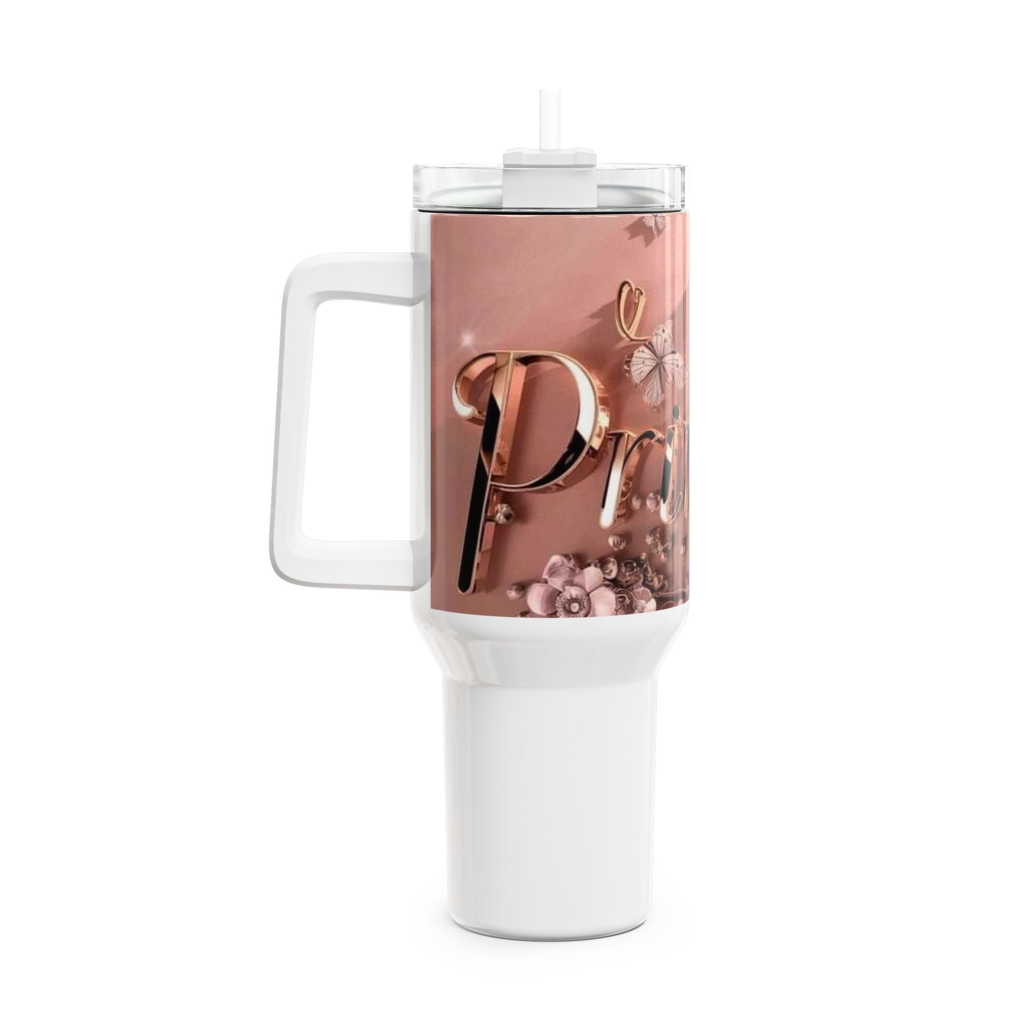 40oz Rose Gold Floral Personalized Tumbler — 'Princess' Script Travel Cup