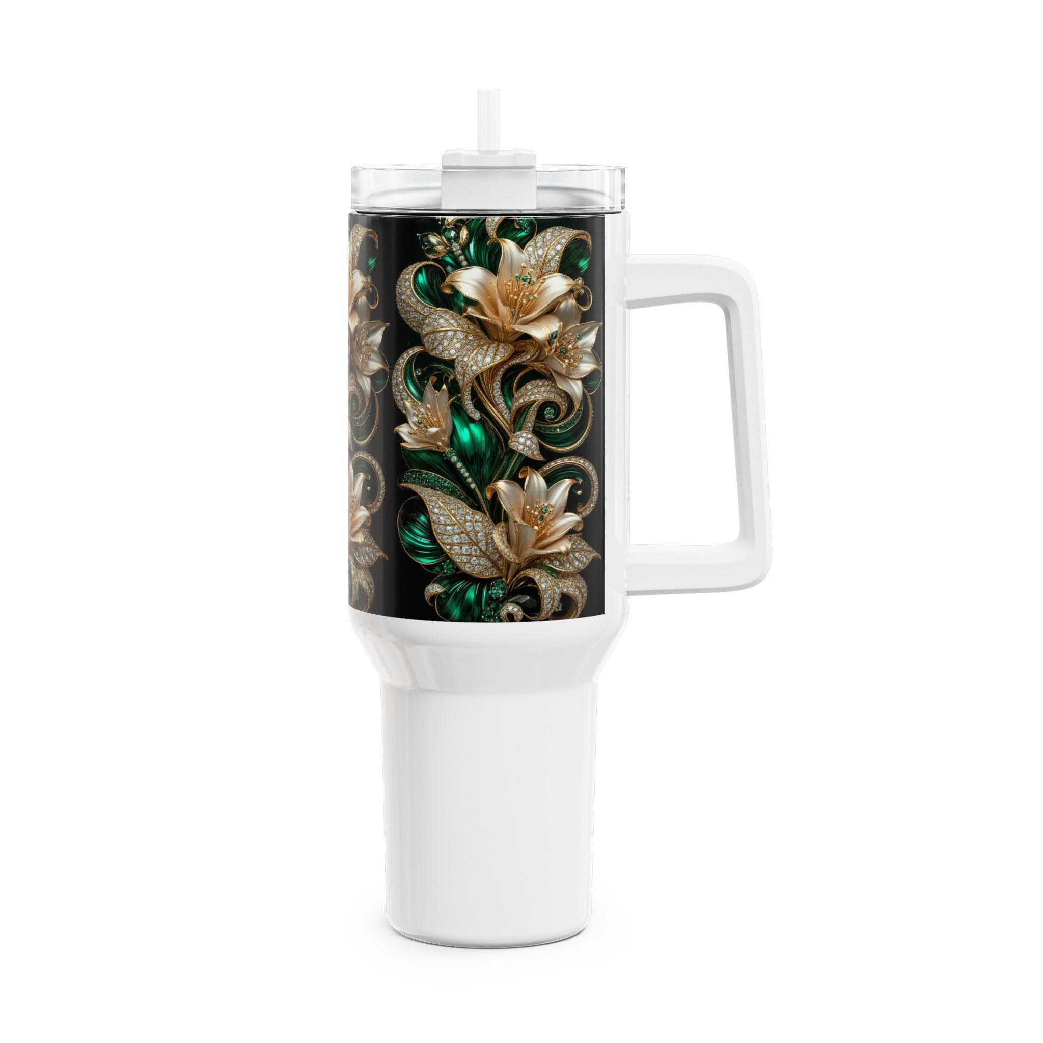 40oz Floral Baroque Tumbler — Gold & Emerald Luxe Travel Mug