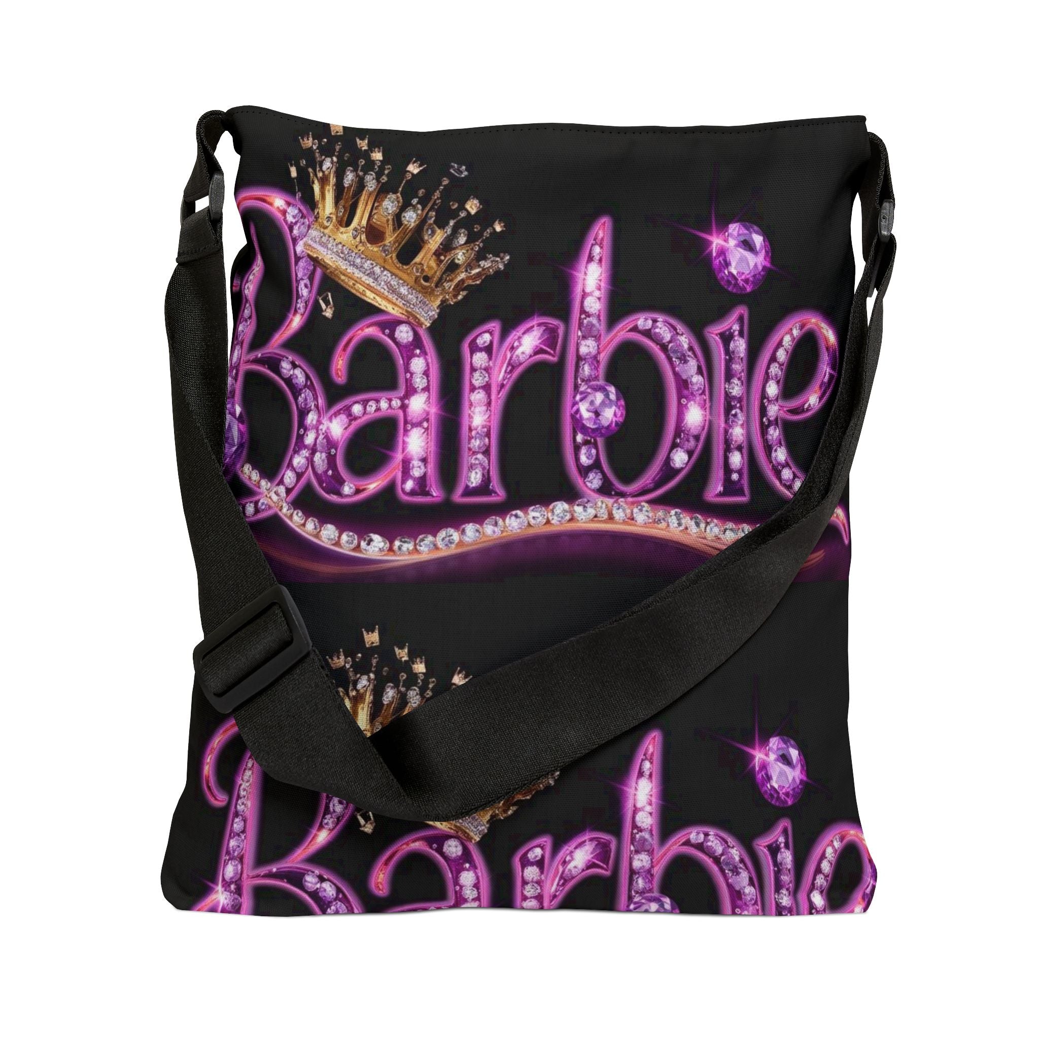 Barbie Sparkle Crown Tote Bag — Adjustable Black All-Over Print