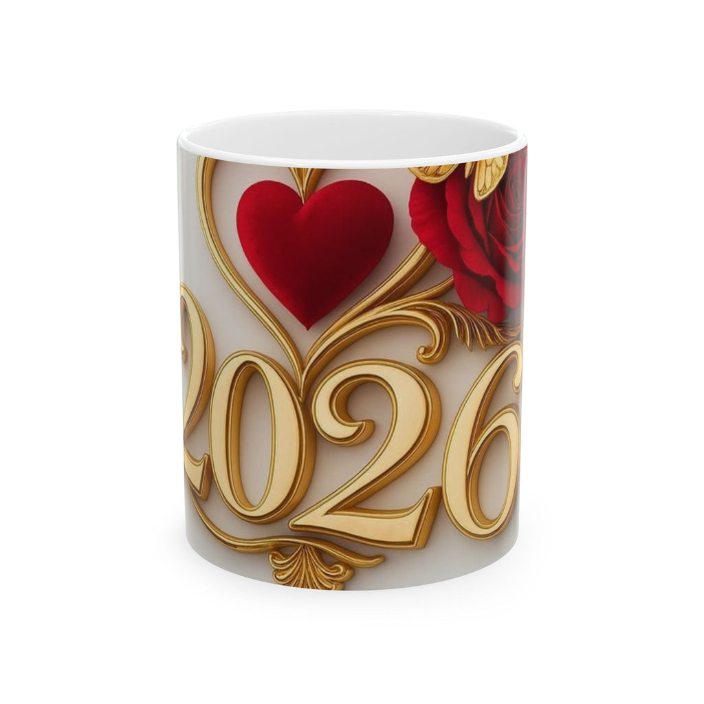 2026 Gold Script Mug — Romantic Rose & Heart Ceramic Coffee Cup (11oz, 15oz)