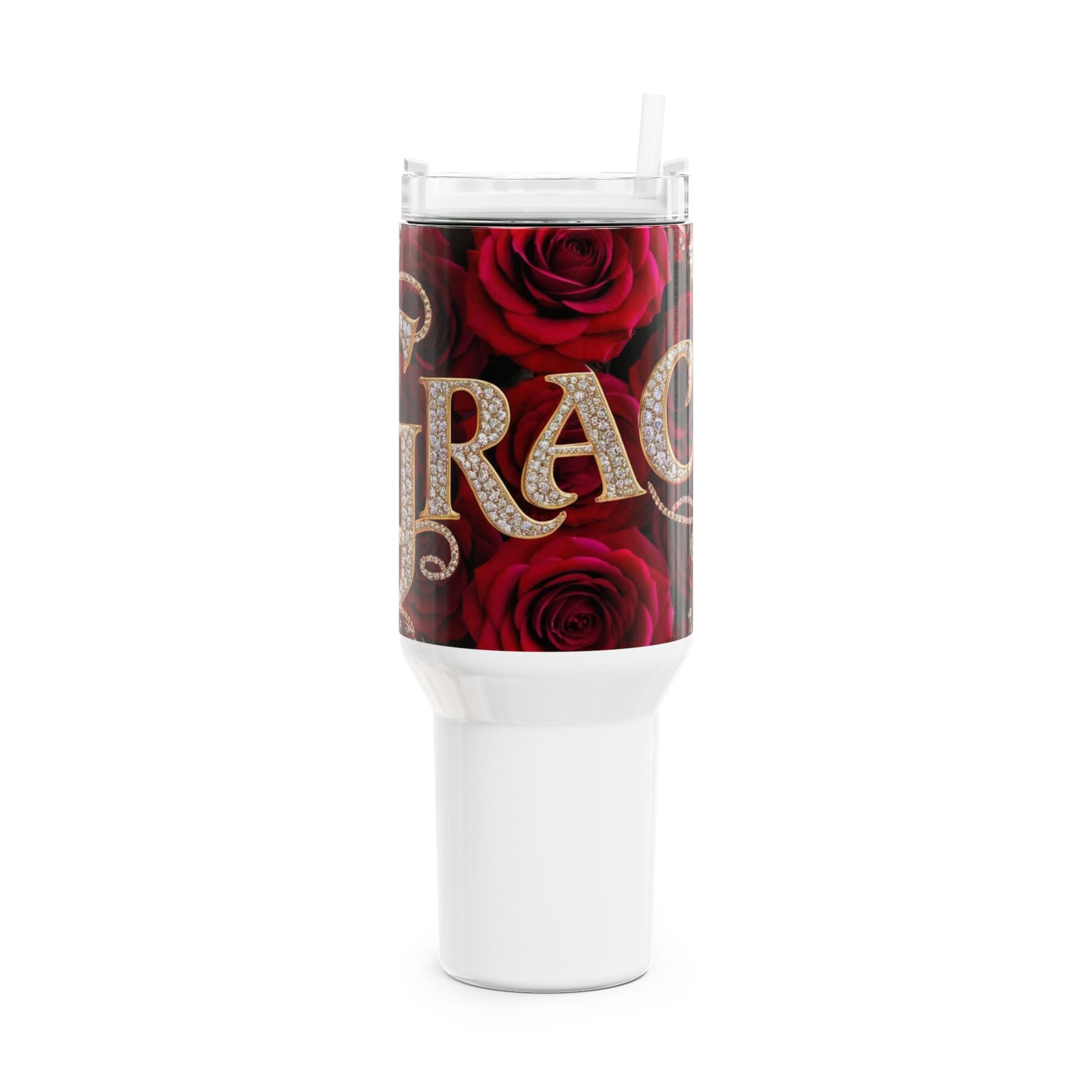 40oz Rose Glam Tumbler — 'Grace' Rhinestone Script Travel Cup