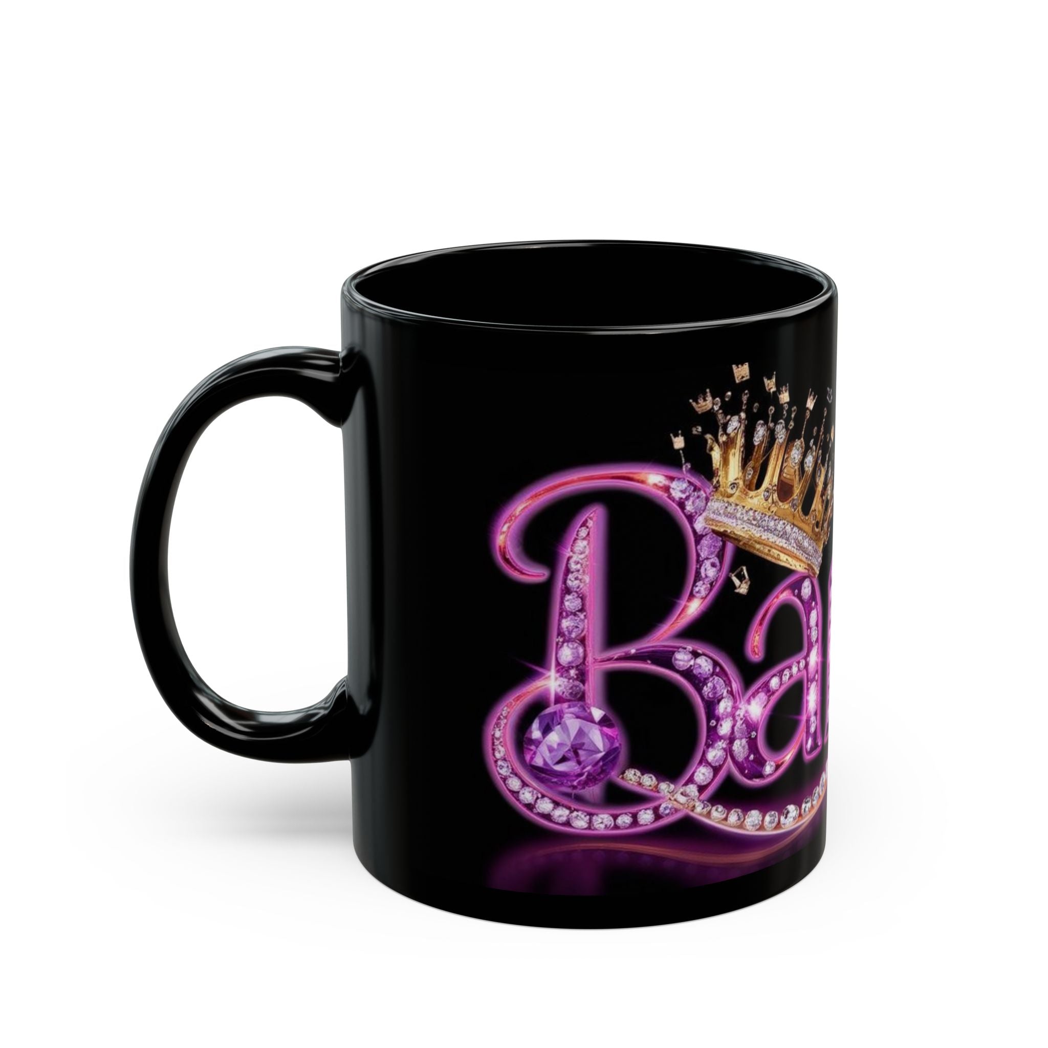 Barbie Glam Black Coffee Mug — Sparkling Pink Logo with Crown (11oz/15oz)