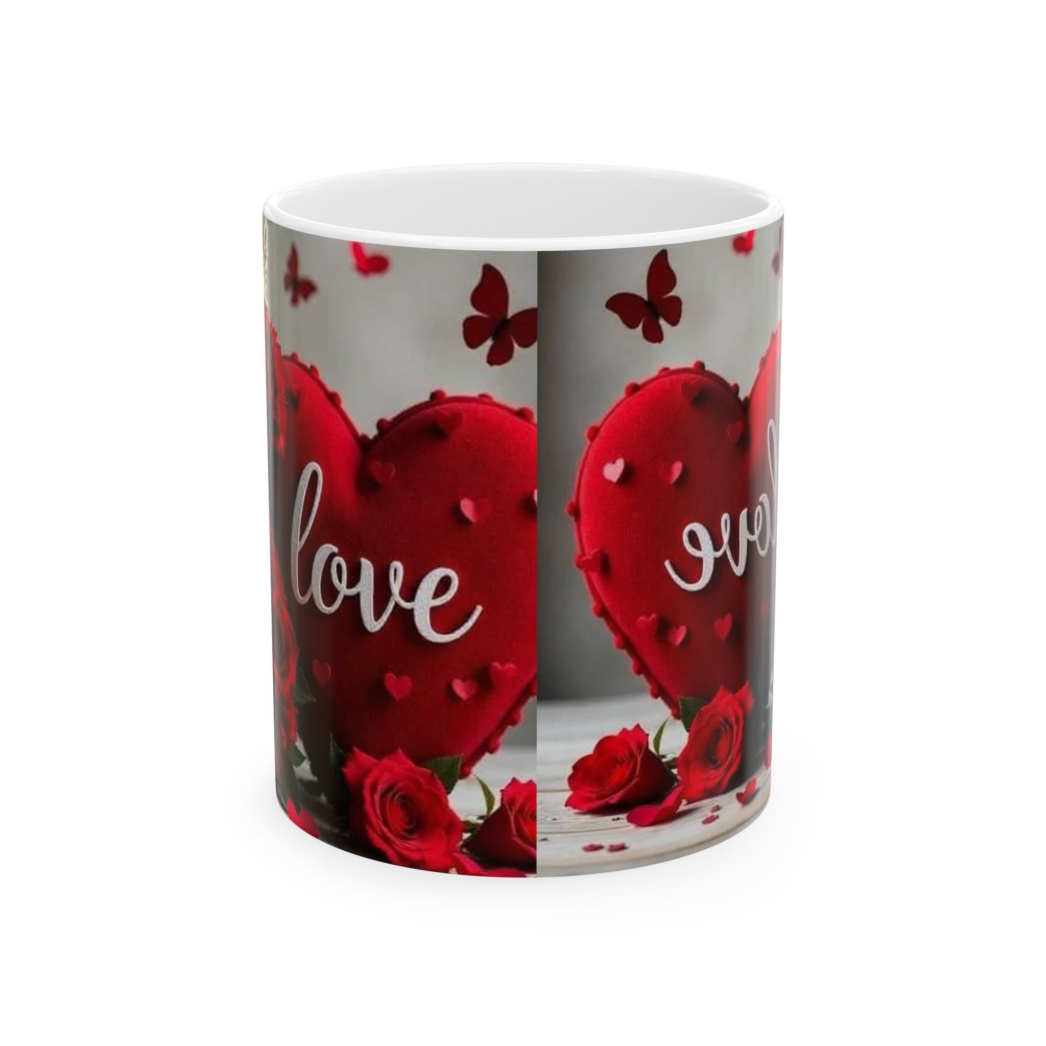 Valentine Love Heart Ceramic Mug — Red Roses & Butterflies (11oz, 15oz)