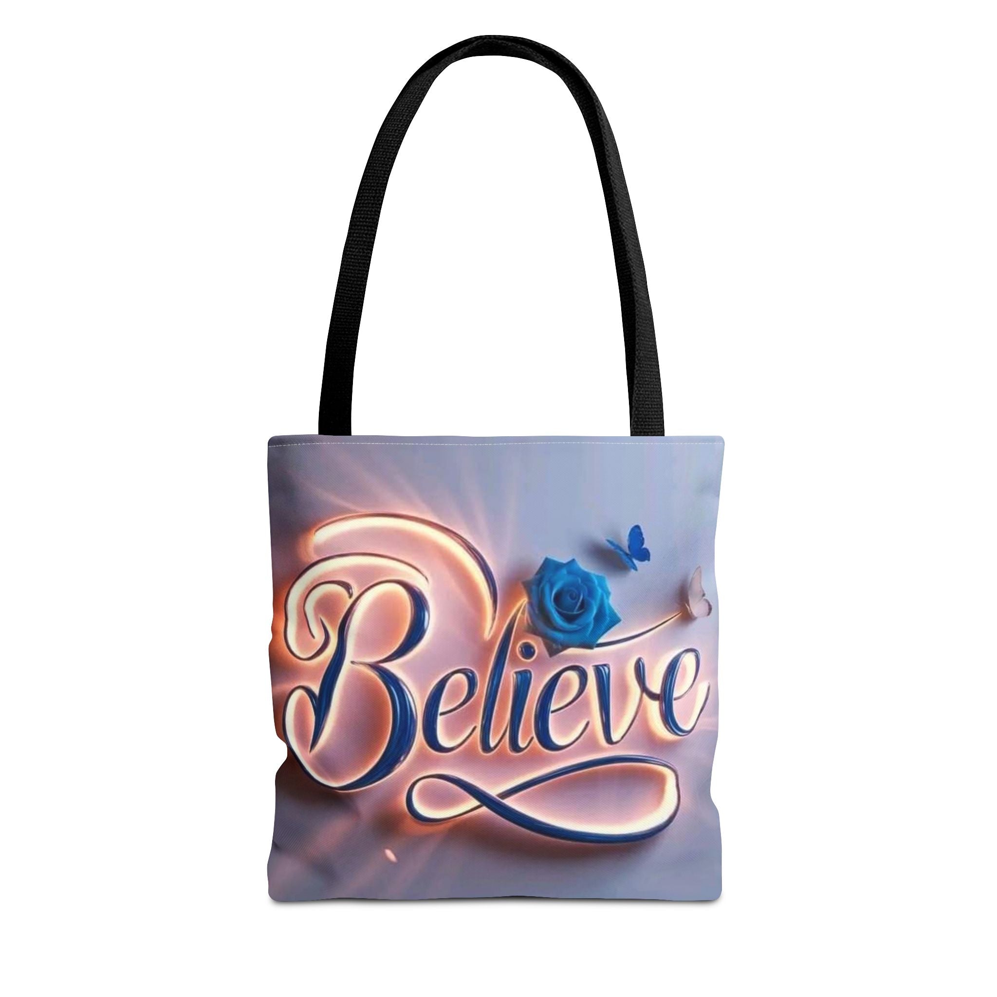 Believe Floral Tote Bag — Inspirational Blue Rose All-Over Print