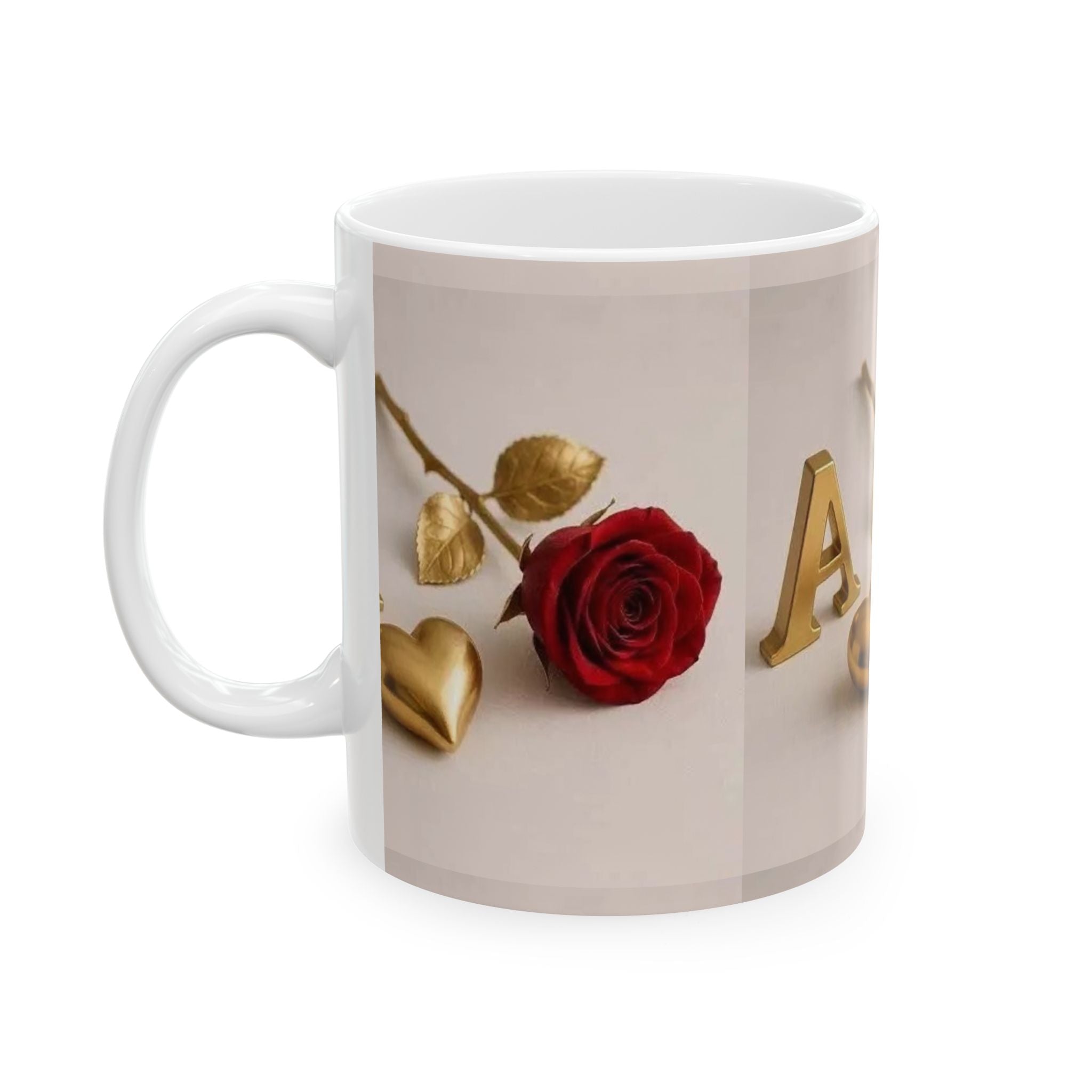 Valentine Initial Mug — Gold Letter & Heart with Red Rose Ceramic Coffee Cup (11oz/15oz)