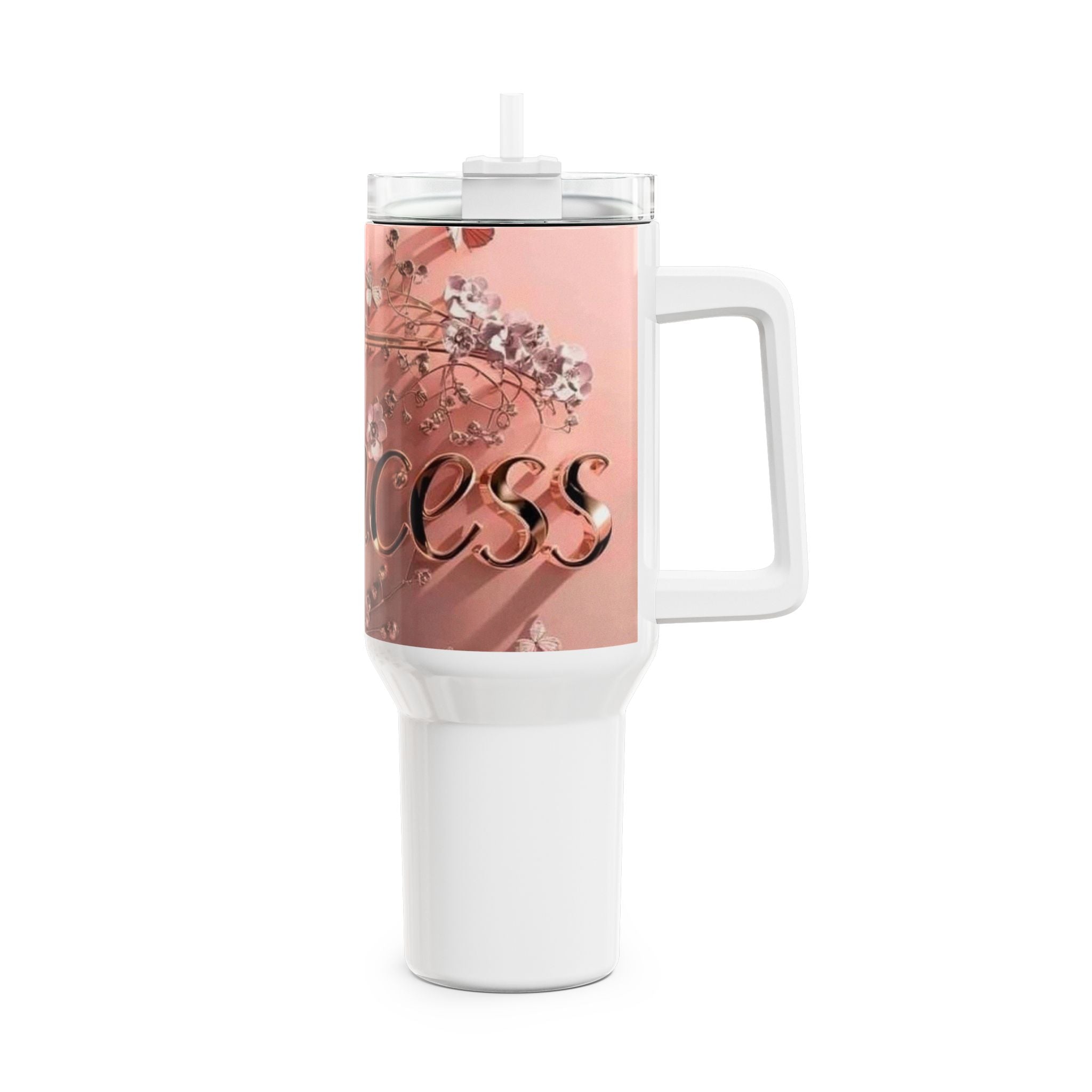 40oz Rose Gold Floral Personalized Tumbler — 'Princess' Script Travel Cup