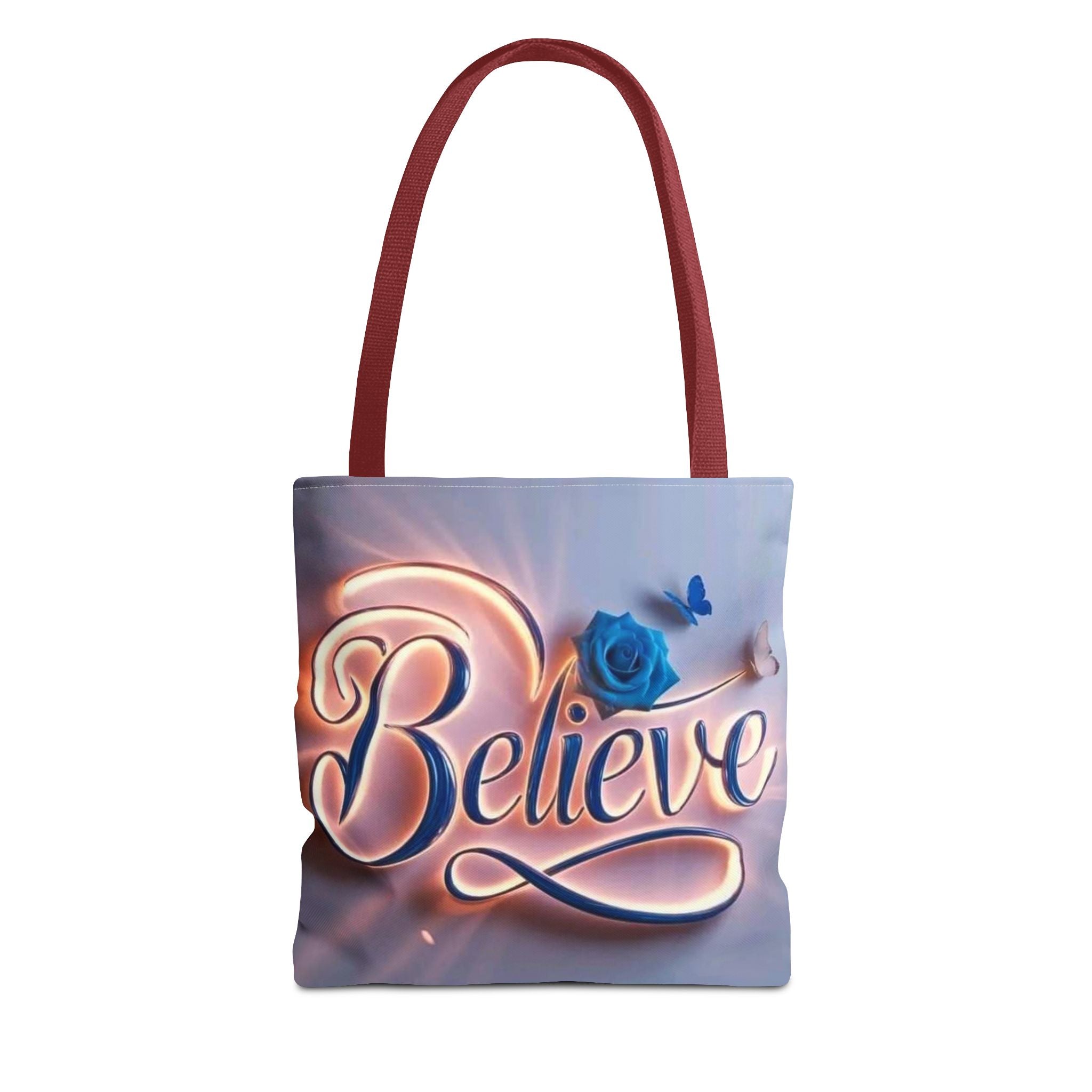 Believe Floral Tote Bag — Inspirational Blue Rose All-Over Print