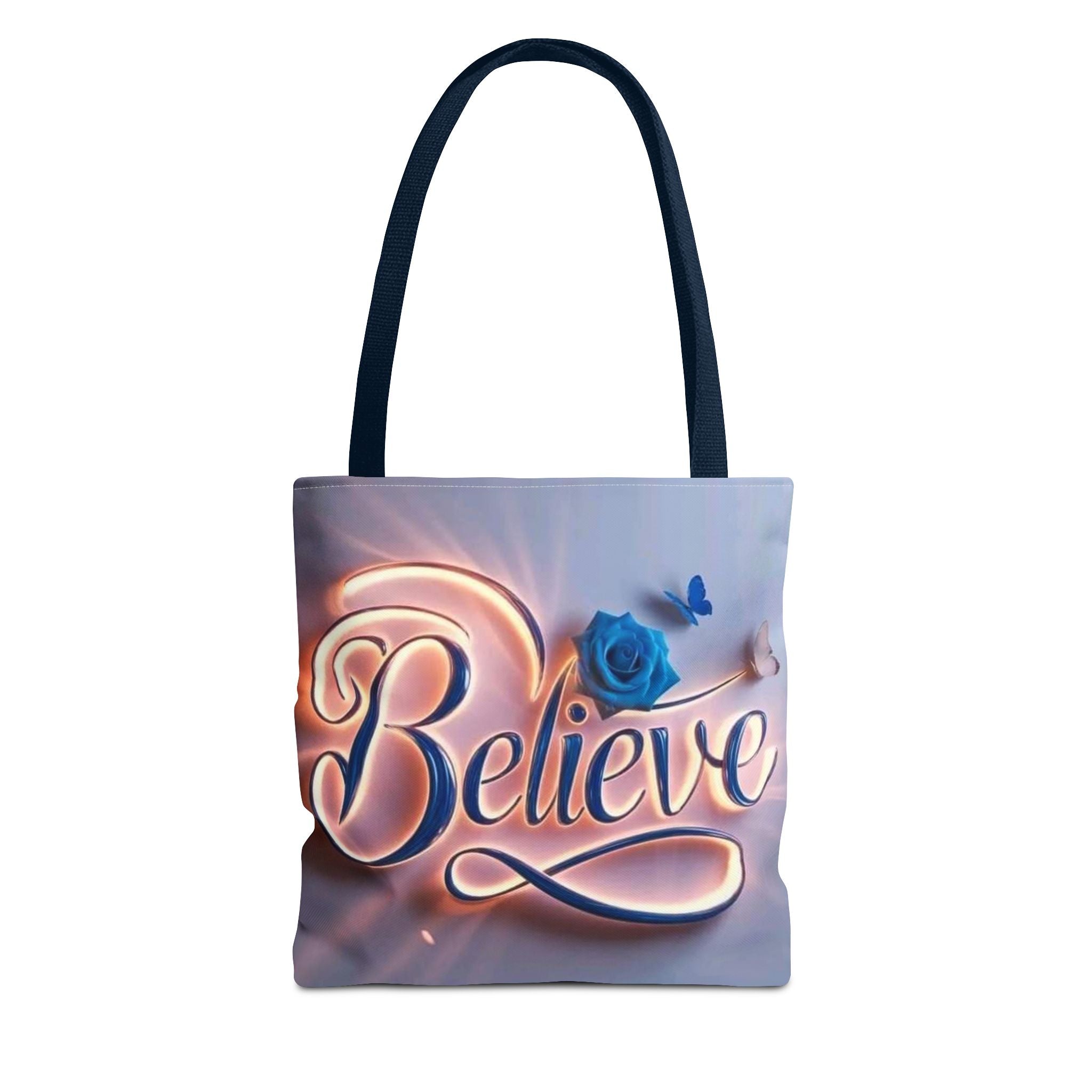 Believe Floral Tote Bag — Inspirational Blue Rose All-Over Print