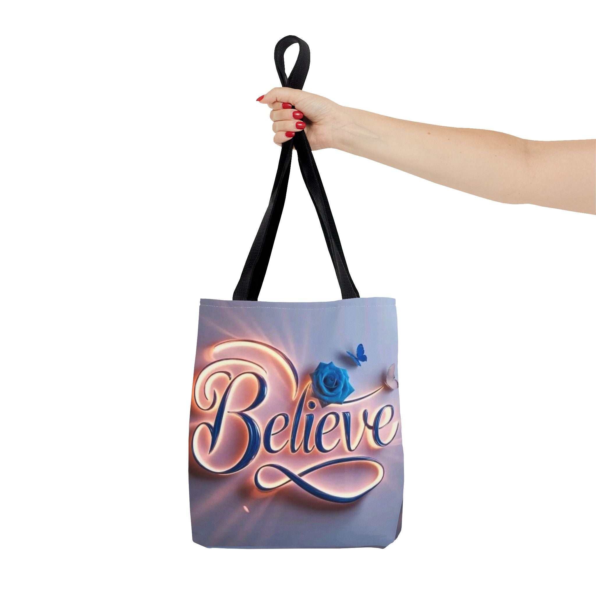 Believe Floral Tote Bag — Inspirational Blue Rose All-Over Print