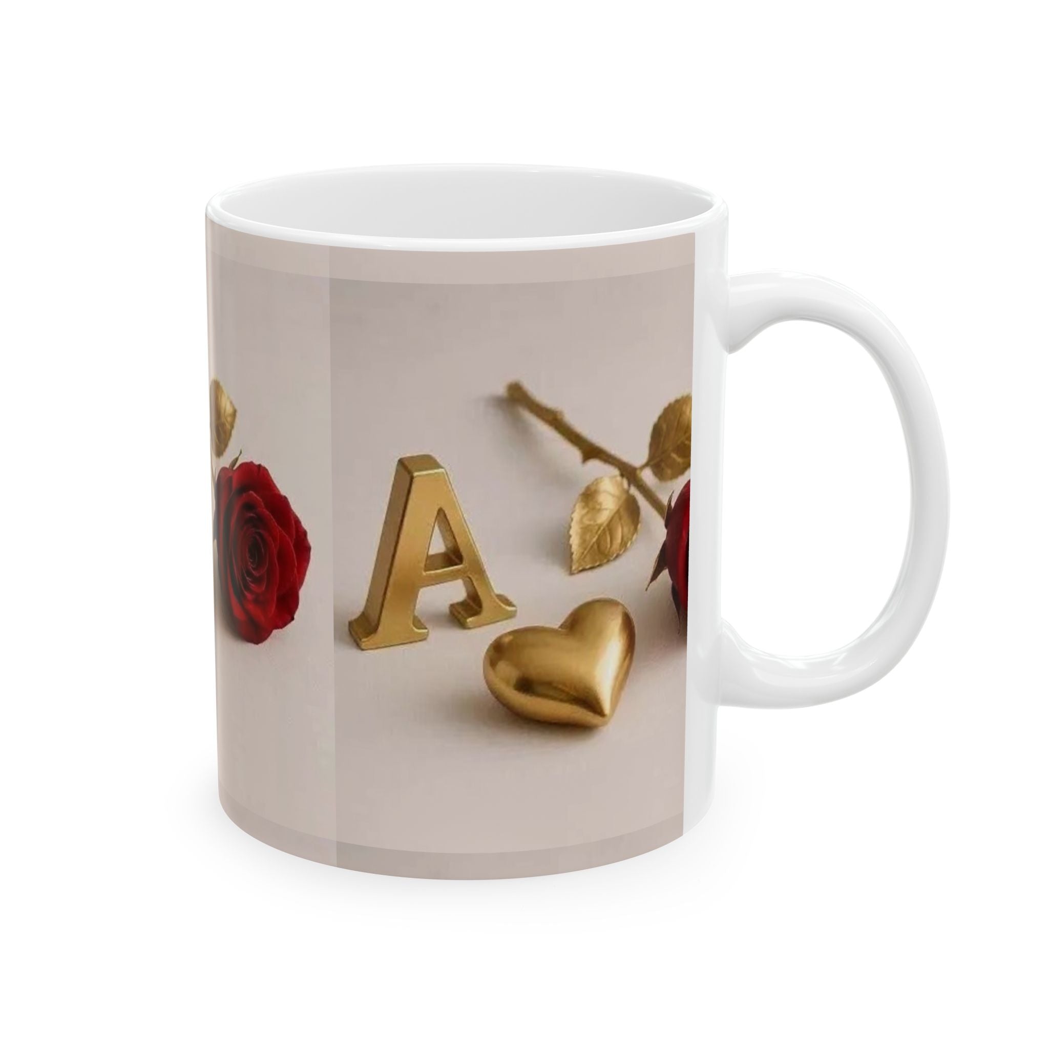 Valentine Initial Mug — Gold Letter & Heart with Red Rose Ceramic Coffee Cup (11oz/15oz)
