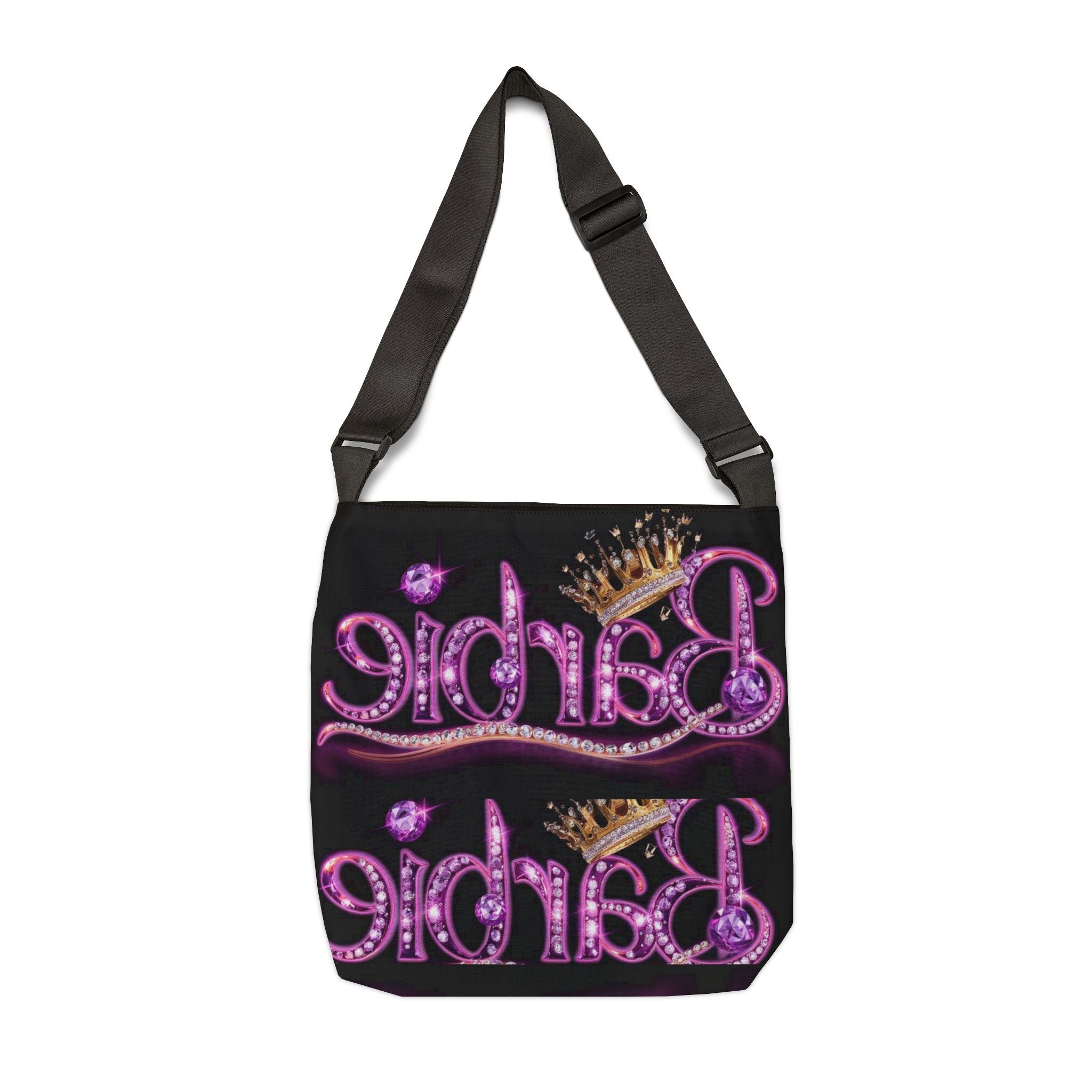Barbie Sparkle Crown Tote Bag — Adjustable Black All-Over Print