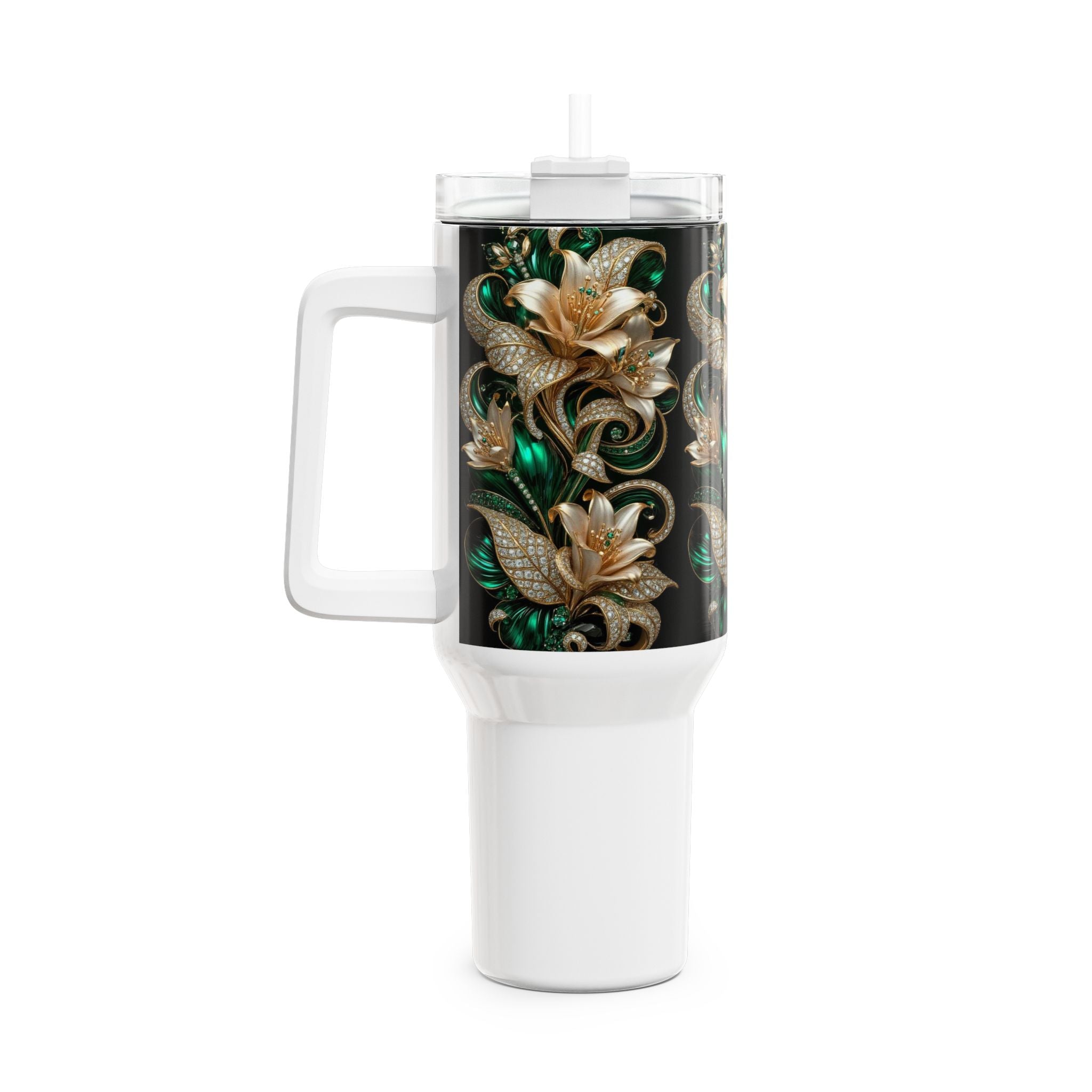 40oz Floral Baroque Tumbler — Gold & Emerald Luxe Travel Mug