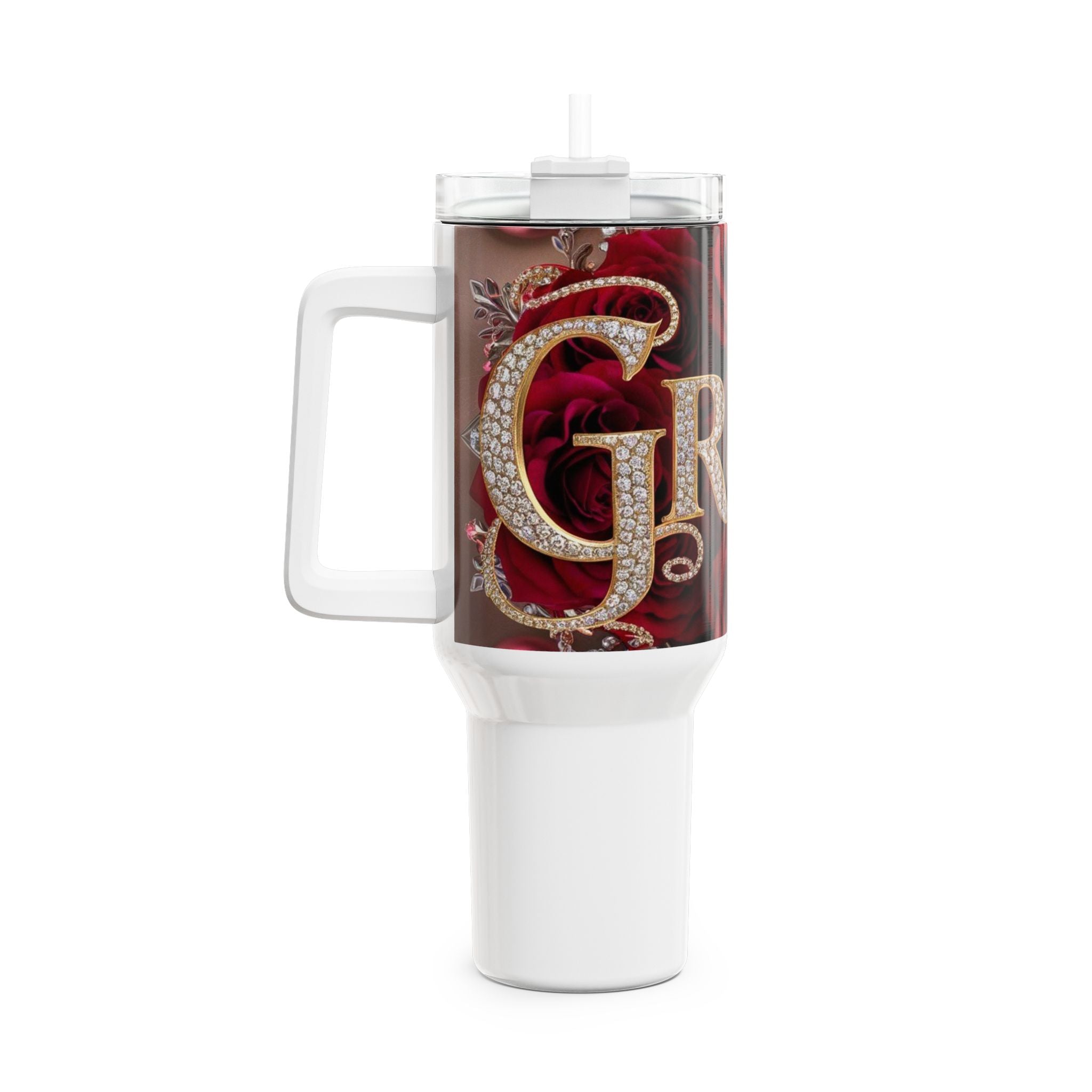 40oz Rose Glam Tumbler — 'Grace' Rhinestone Script Travel Cup