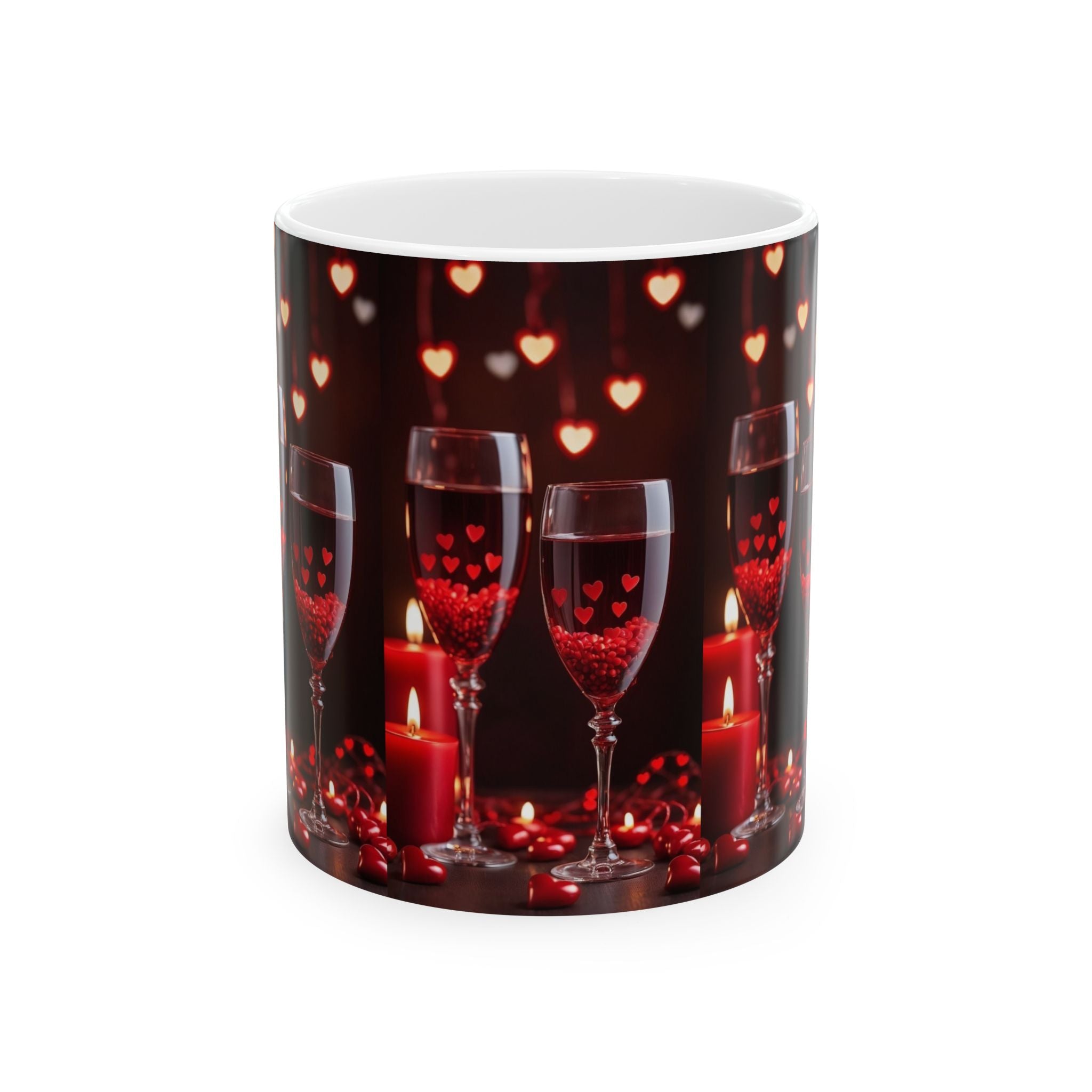 Valentine’s Wine & Candle Ceramic Mug — Romantic Heart Bokeh Coffee Cup (11oz/15oz)