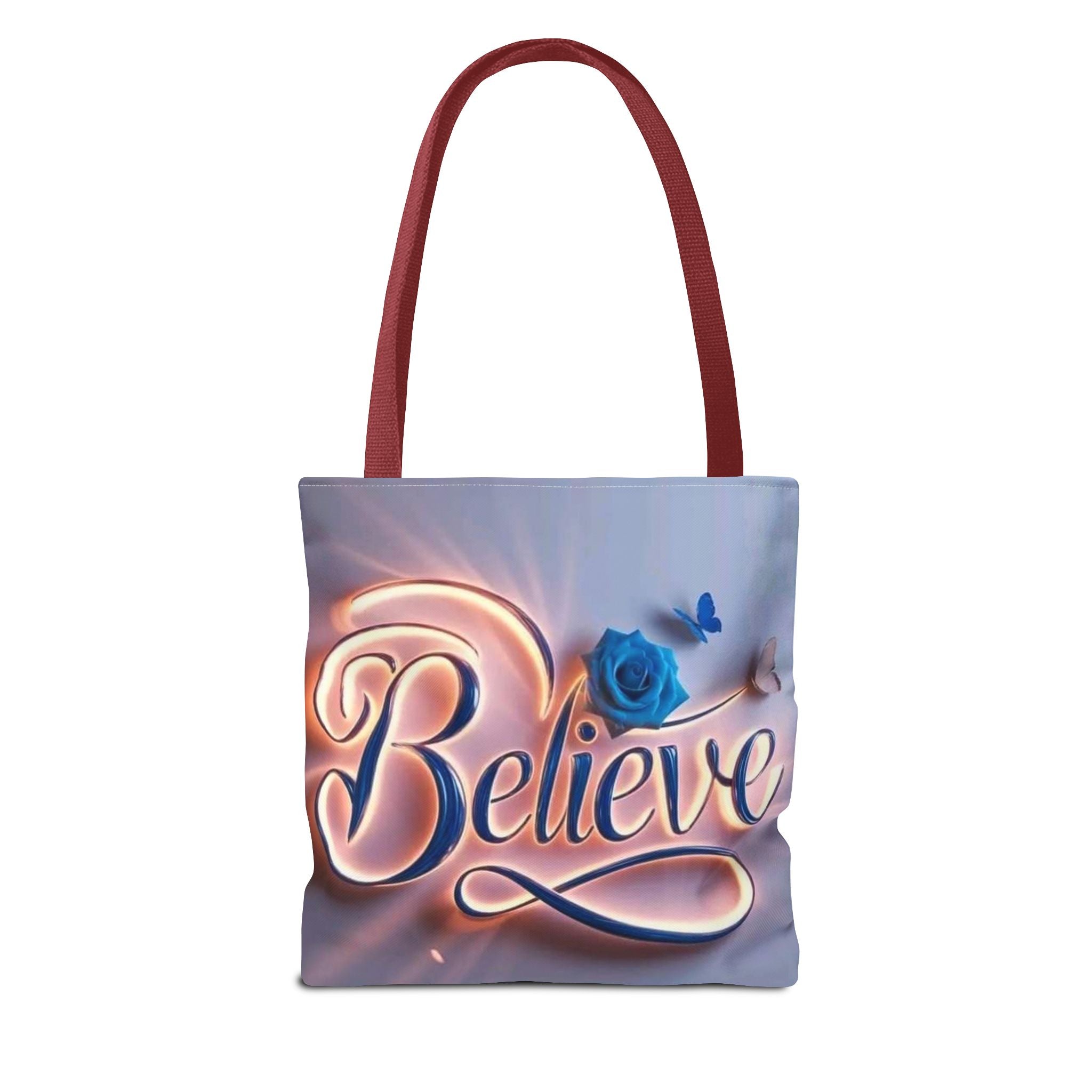 Believe Floral Tote Bag — Inspirational Blue Rose All-Over Print