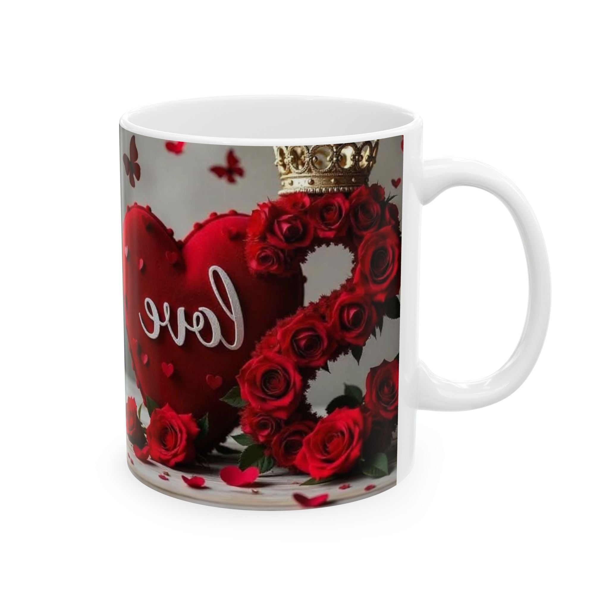 Valentine Love Heart Ceramic Mug — Red Roses & Butterflies (11oz, 15oz)