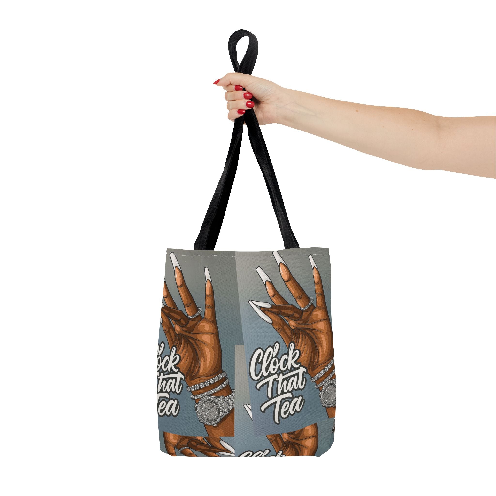 Tote Bag — "Clock That Tea" Graphic Tote with Stylish Hand Illustration