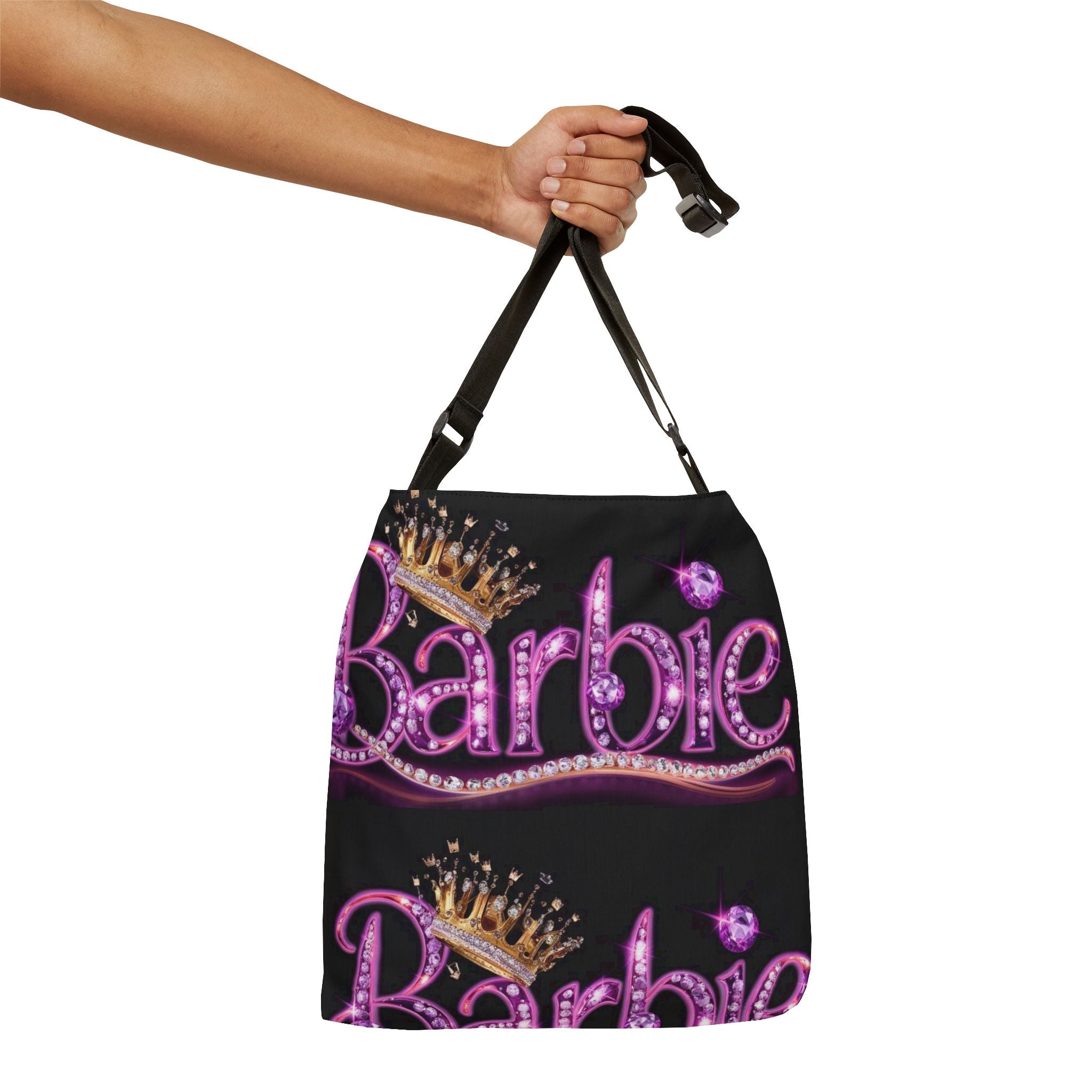 Barbie Sparkle Crown Tote Bag — Adjustable Black All-Over Print